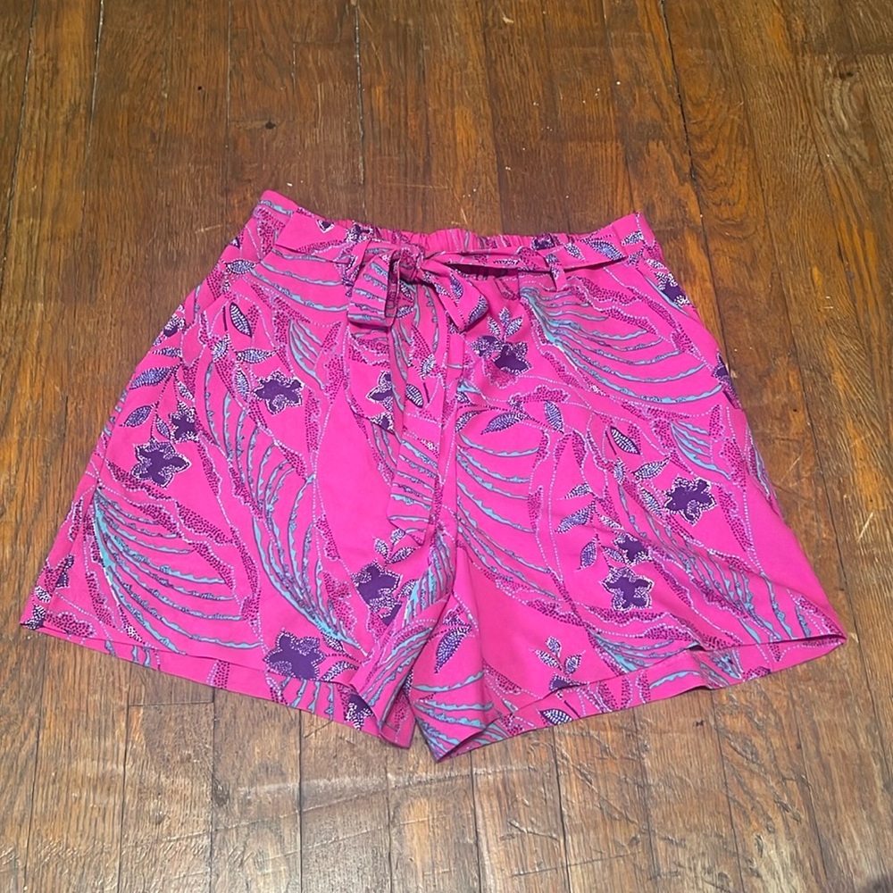 ATTENTION Women's Pink Floral Print Shorts High Waist Bow Tie